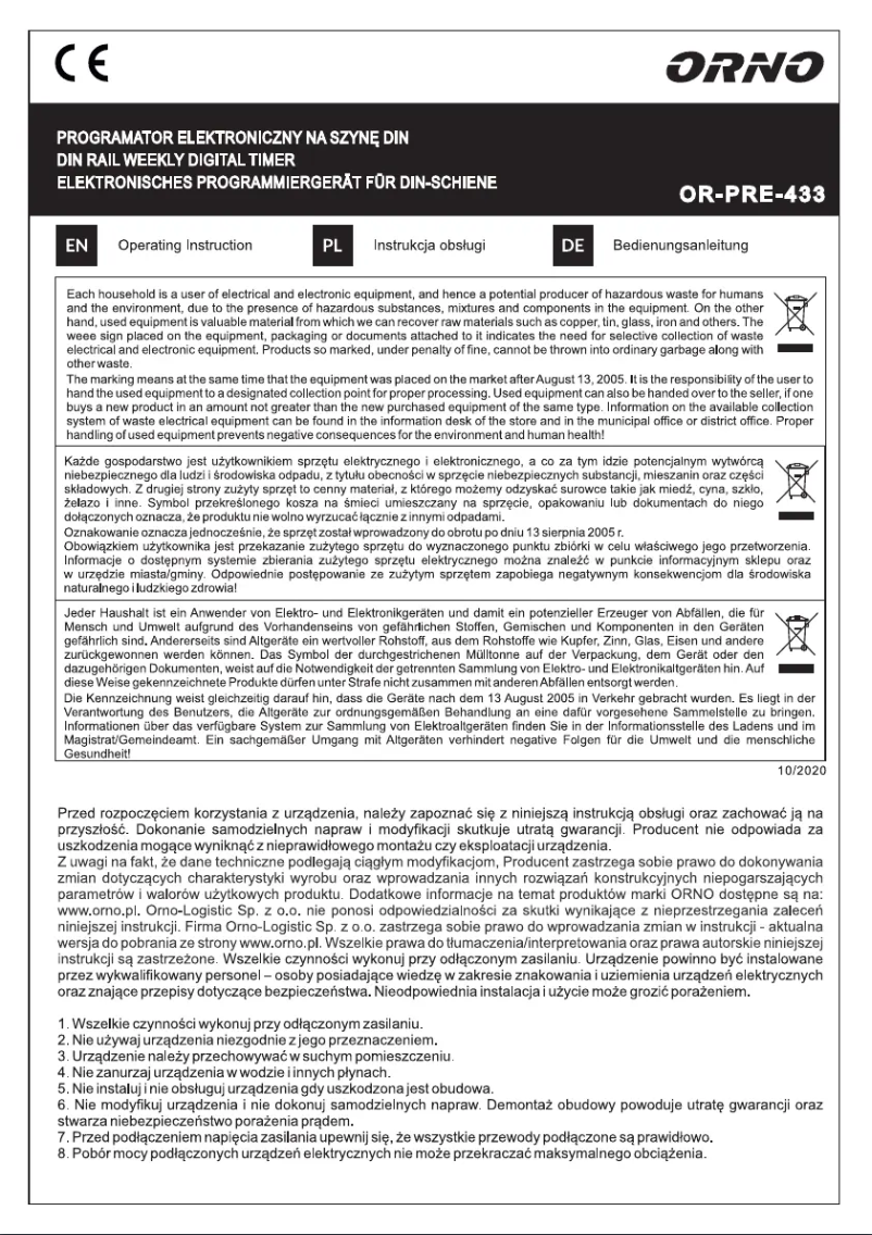 Imagen de la primera página del manual del dispositivo OR-PRE-433