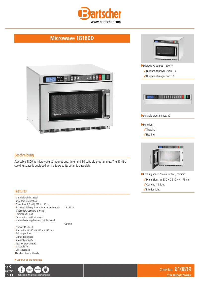 Página 1 del manual Ficha técnica Bartscher 18180D