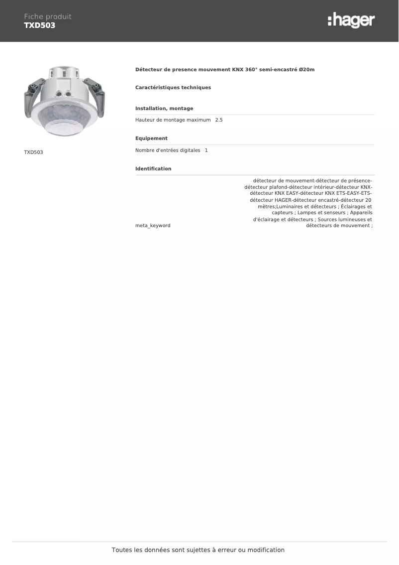 Página 1 del manual Ficha técnica Hager TXD503