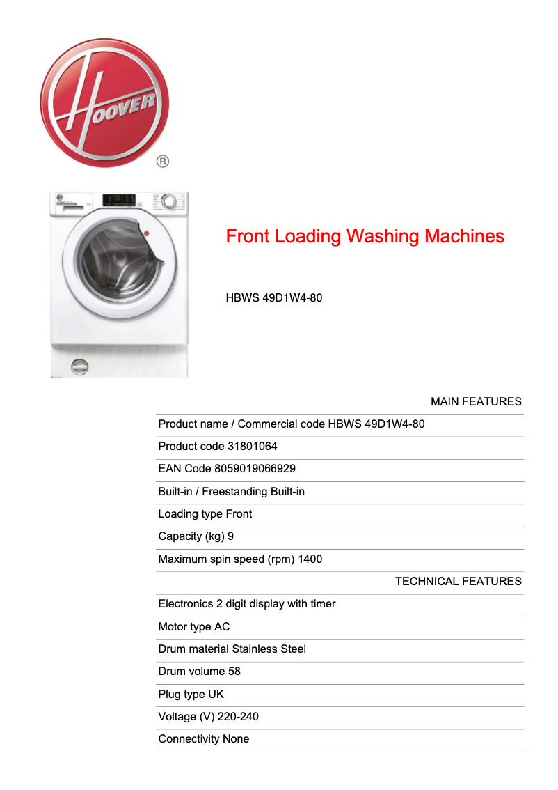 Página 1 del manual Ficha técnica Hoover HBWS 49D1W4-80