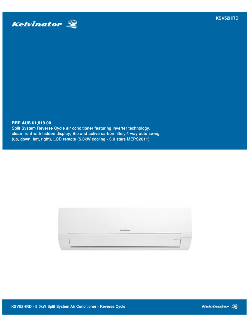 Página 1 del manual Ficha técnica Kelvinator KSV52HRD