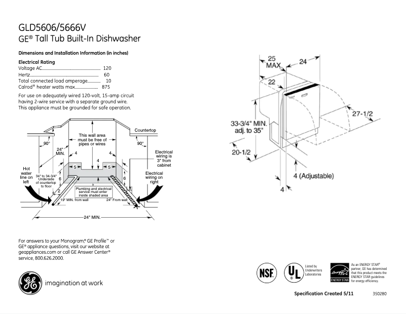 Página 1 del manual Ficha técnica GE GLD5606VWW