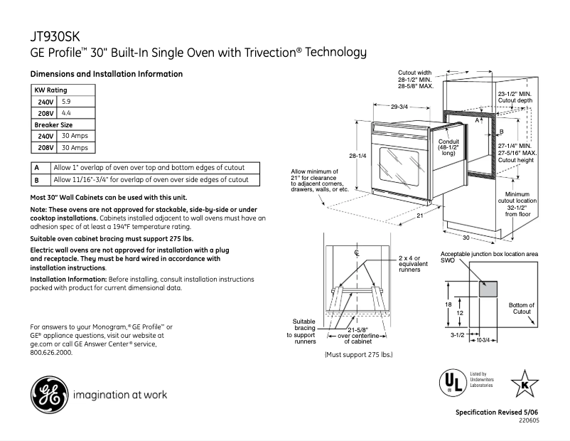Página 1 del manual Ficha técnica GE JT930WHWW