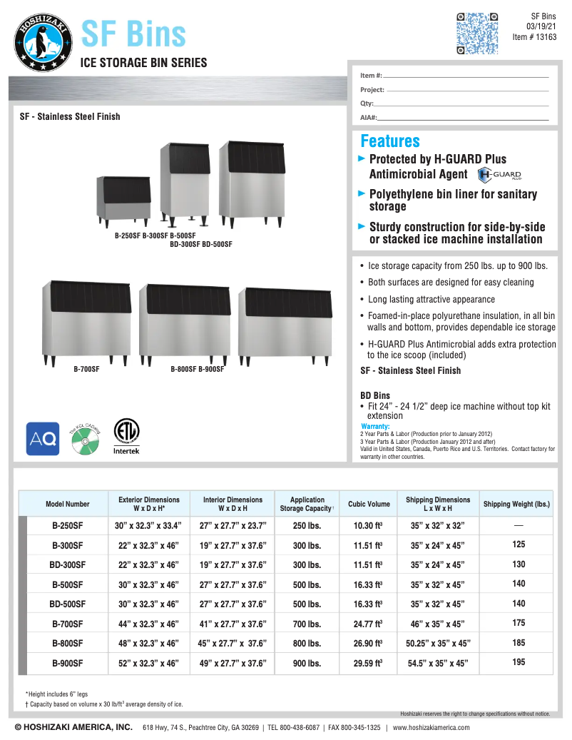 Página 1 del manual Ficha técnica Hoshizaki B-700SF