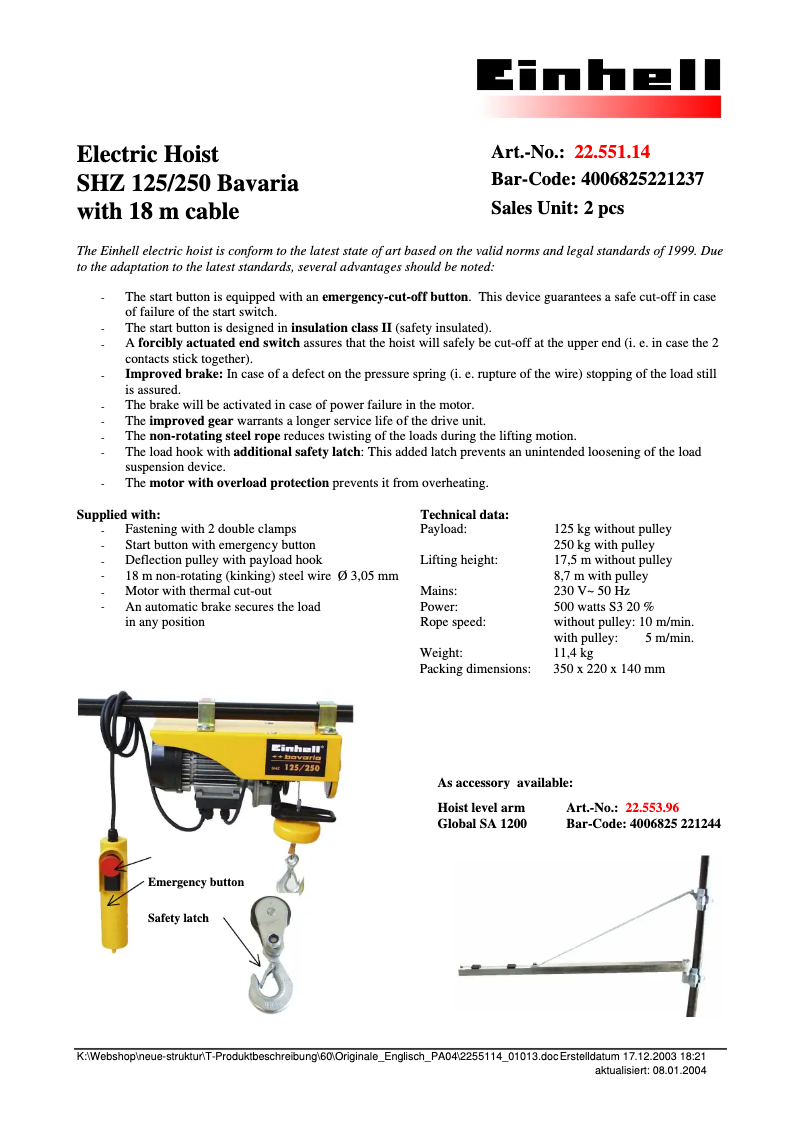 Página 1 del manual Ficha técnica Bavaria by Einhell SHZ 125/250