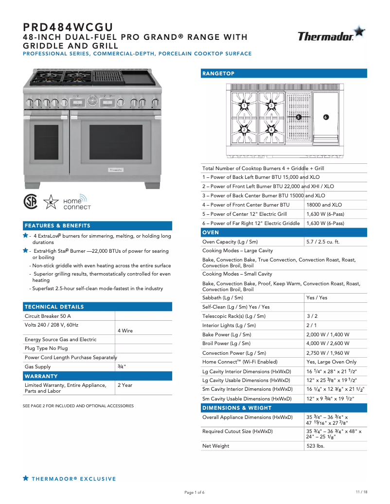 Página 1 del manual Ficha técnica Thermador Pro Harmony PRD484WCHU