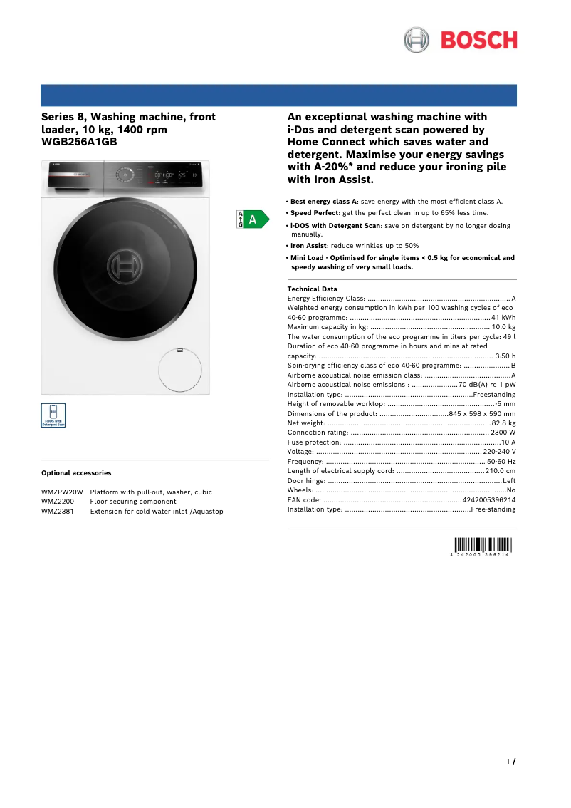 Página 1 del manual Ficha técnica Bosch WGB256A1GB