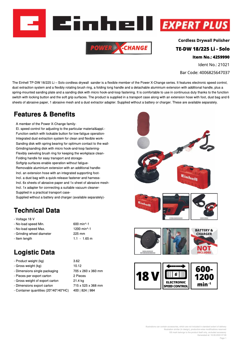 Imagen de la primera página del manual del dispositivo TE-DW 18/225 Li