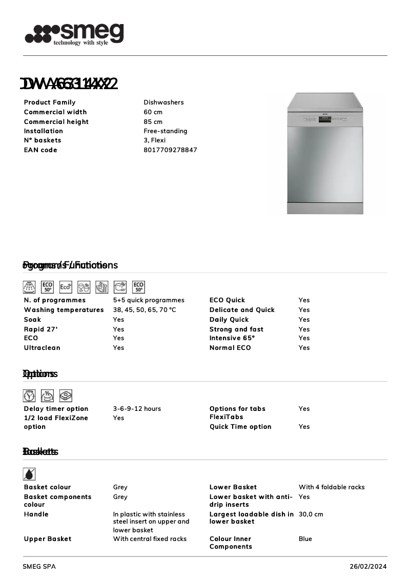 Página 1 del manual Ficha técnica Smeg DWA6314X2