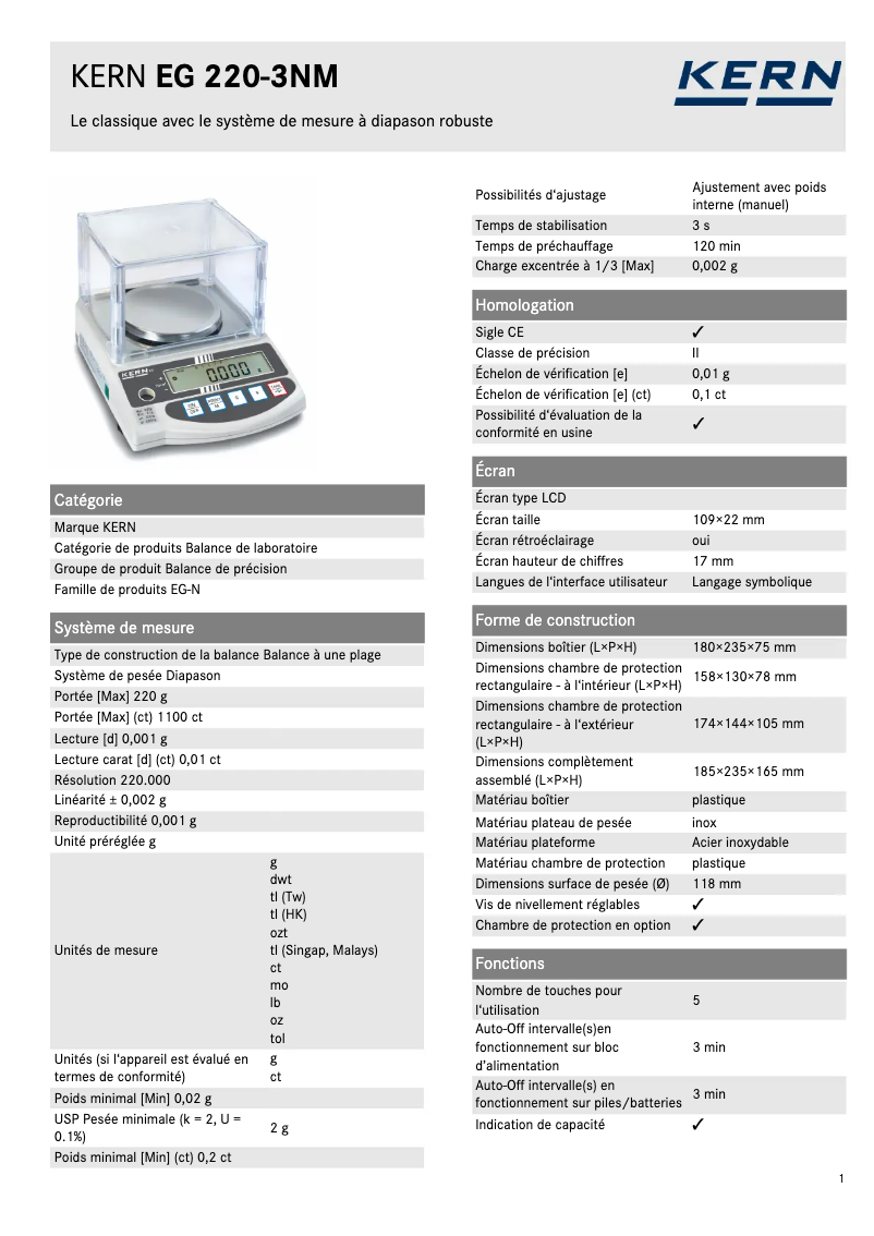 Página 1 del manual Ficha técnica Kern EG 200-3AM