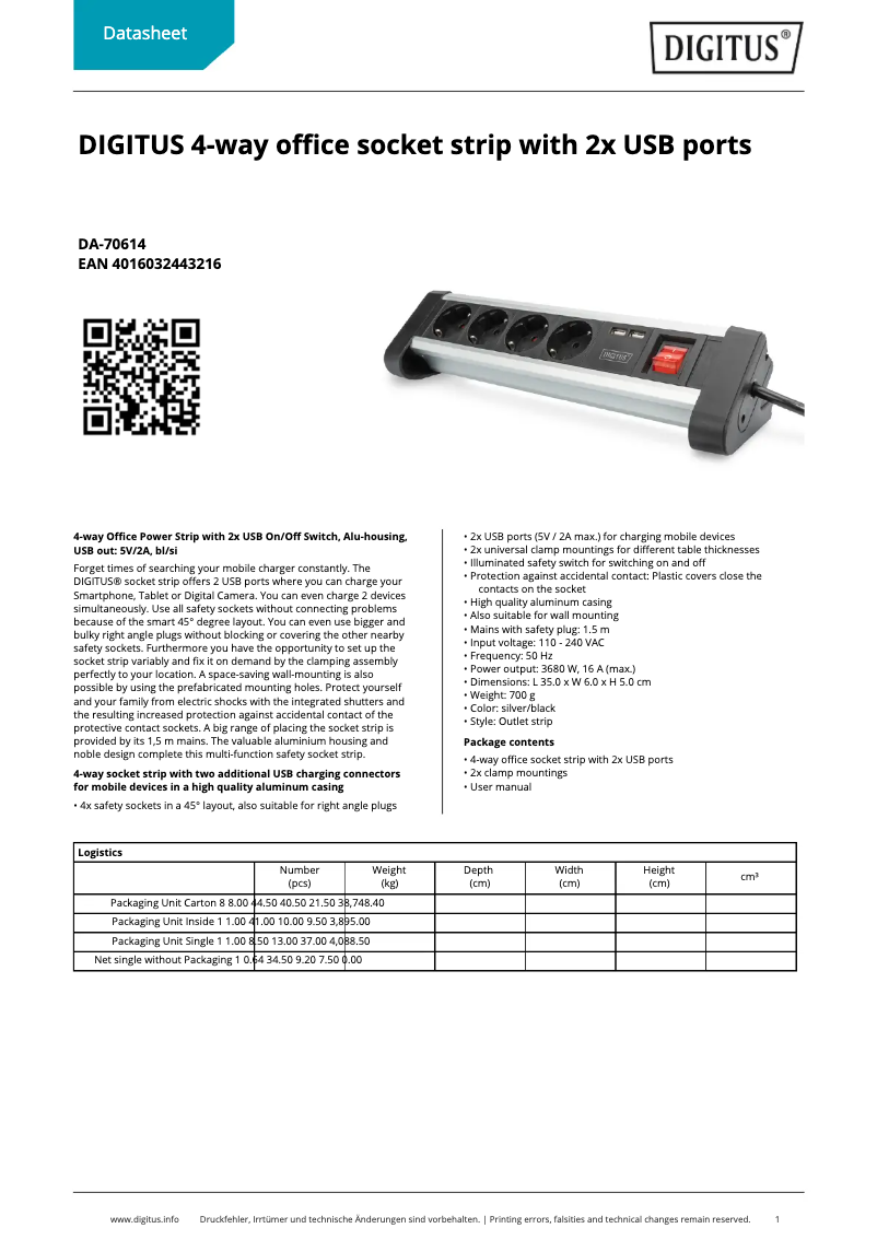 Página 1 del manual Ficha técnica Digitus DA-70614