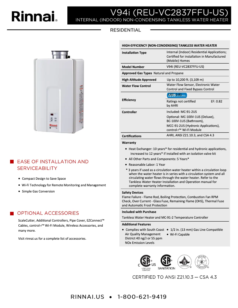 Página 1 del manual Ficha técnica Rinnai V94iP