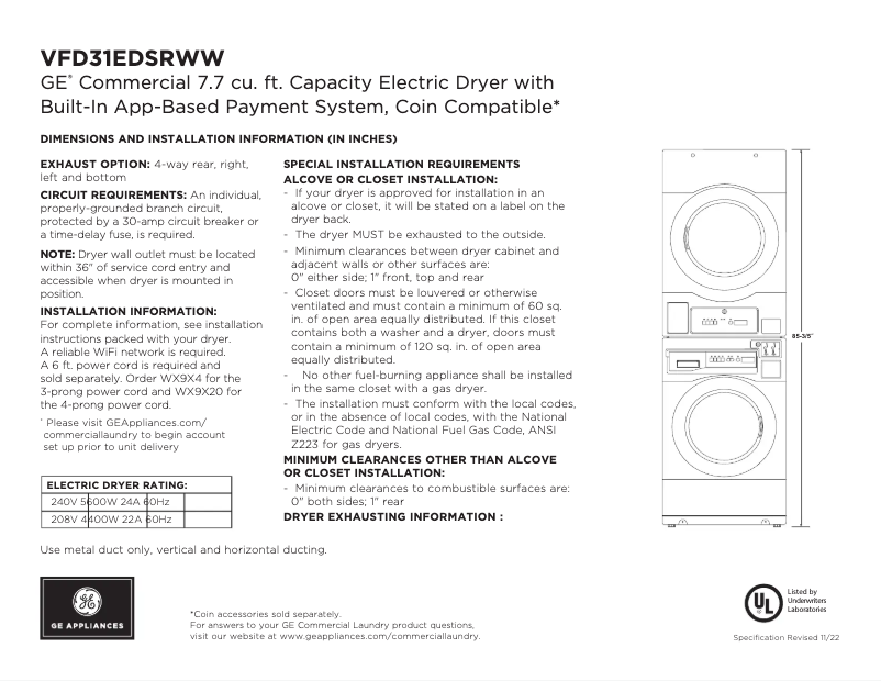 Página 1 del manual Ficha técnica GE VFD31EDSRWW