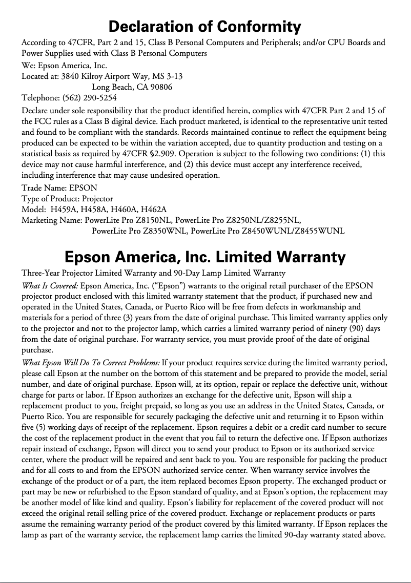 Página 1 del manual Información de garantía Epson PowerLite Pro Z8350NL