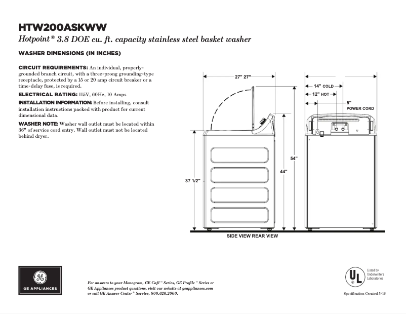 Página 1 del manual Ficha técnica Hotpoint HTW200ASKWW