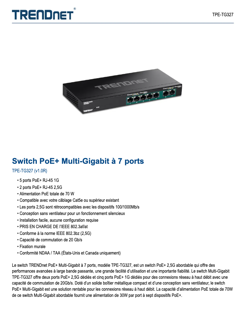 Página 1 del manual Ficha técnica TRENDnet TPE-TG327