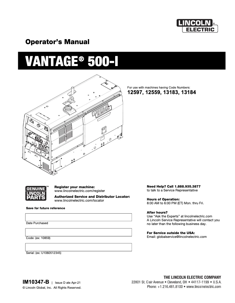 Página nº 1 - Manual de usuario Lincoln Electric Vantage 500-I