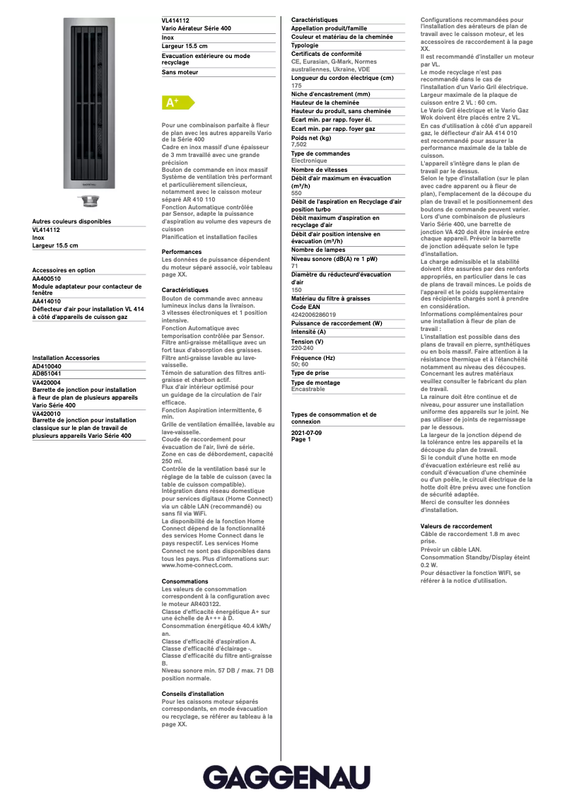 Página 1 del manual Ficha técnica Gaggenau VL414112