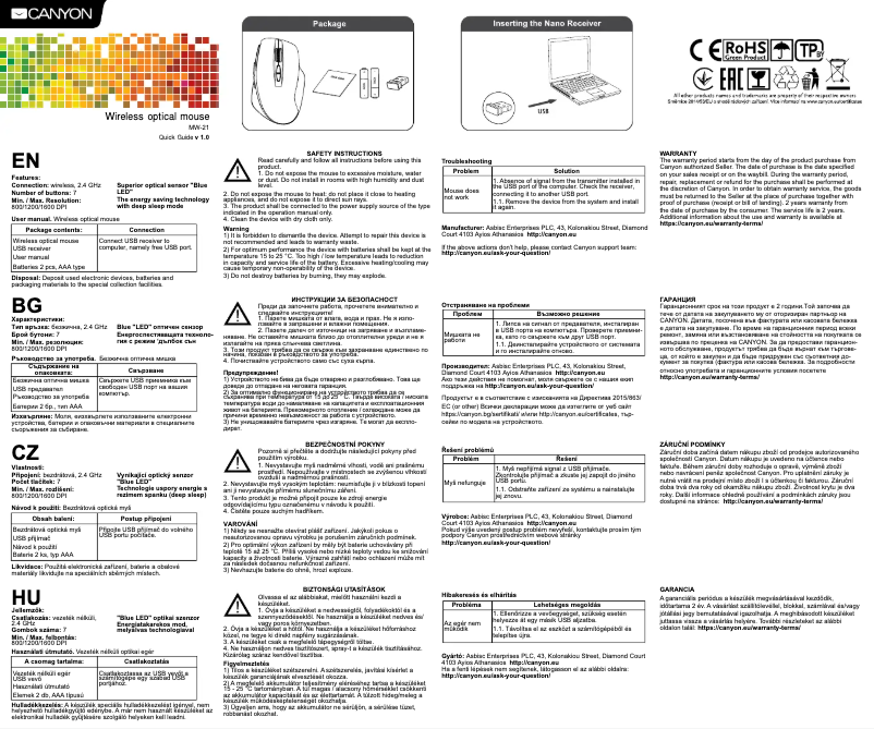 Página 1 del manual Manual de usuario Canyon MW-21