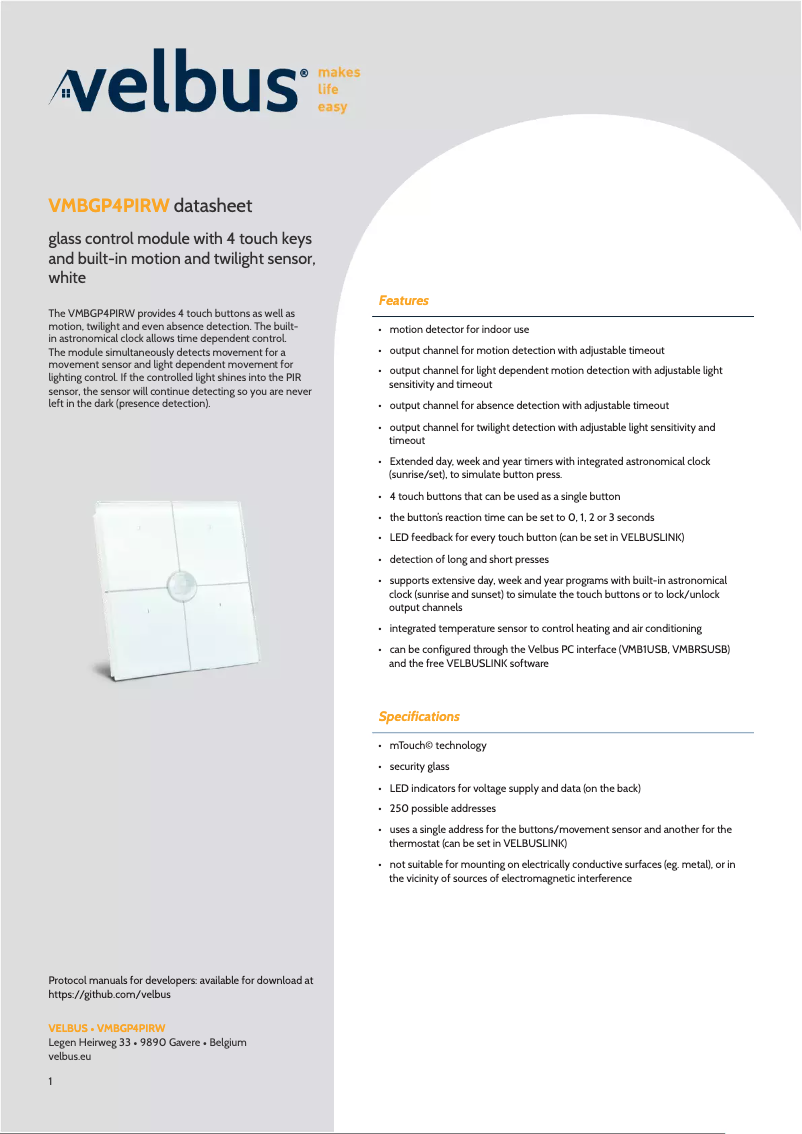 Página 1 del manual Ficha técnica Velbus VMBGP4PIRW