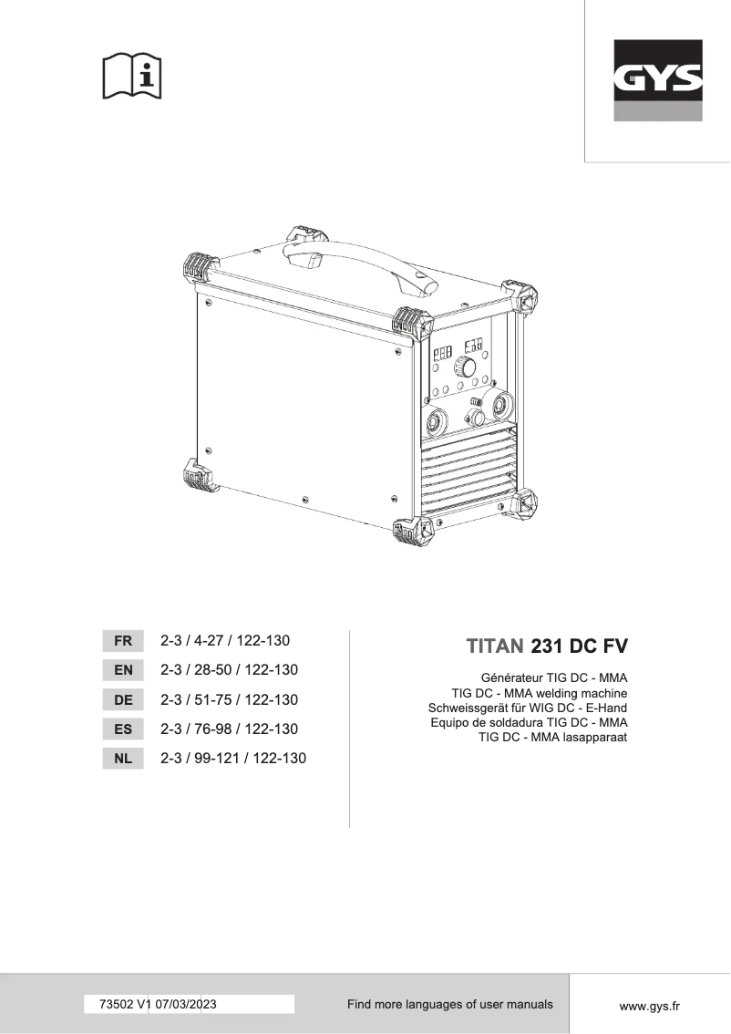Imagen de la primera página del manual del dispositivo Titan 231 DC FV