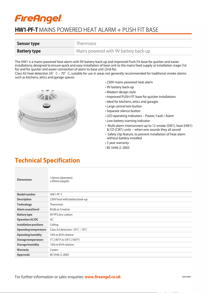 Página 1 del manual Ficha técnica FireAngel HW1-PF-T