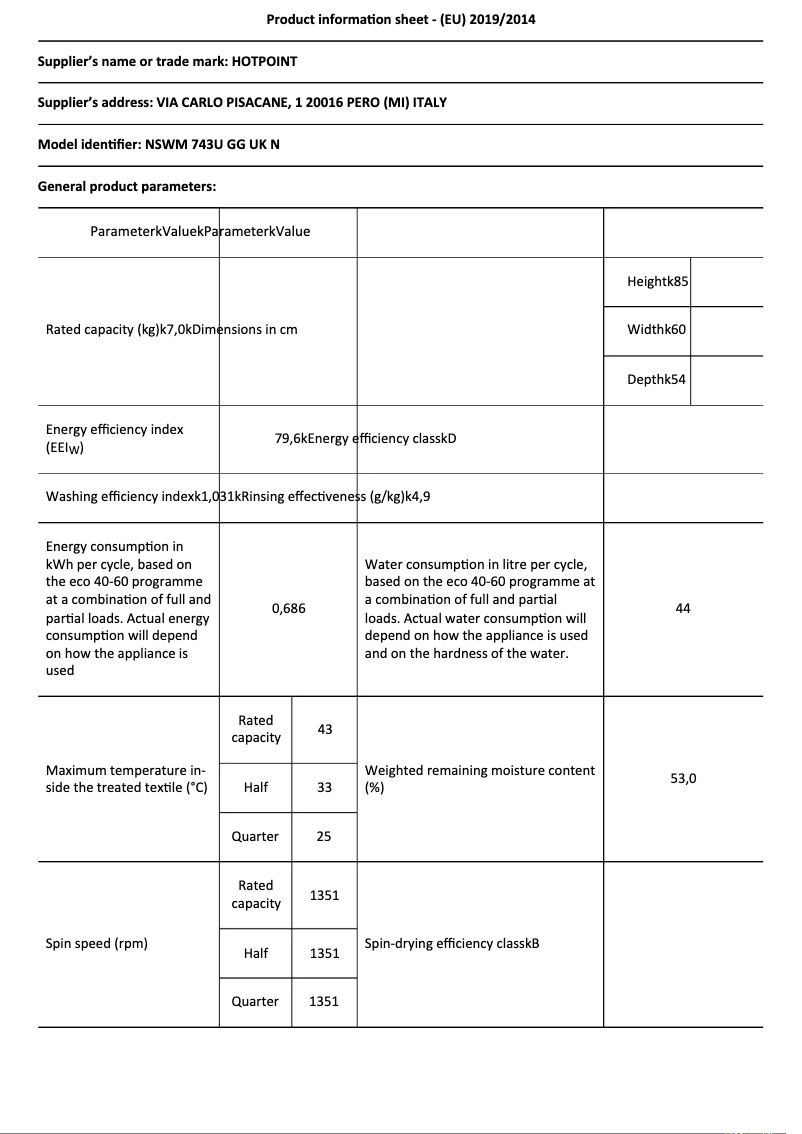 Página 1 del manual Ficha técnica Hotpoint NSWM 743U GG UK N