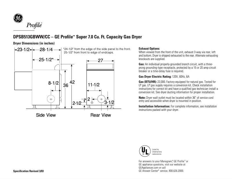 Página 1 del manual Ficha técnica GE Profile DPSB513GBWW