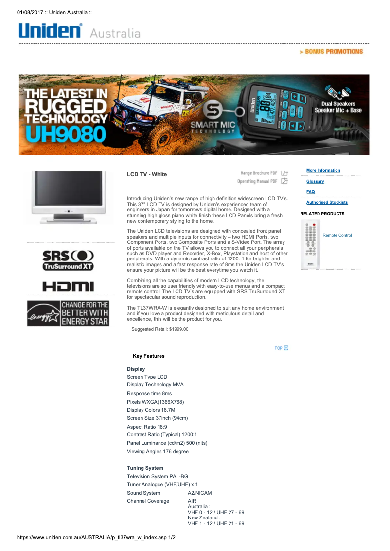 Imagen de la primera página del manual del dispositivo TL37WRA-W