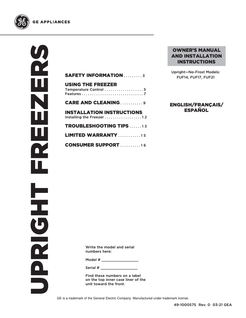 Imagen de la primera página del manual del dispositivo FUF21QRRWW