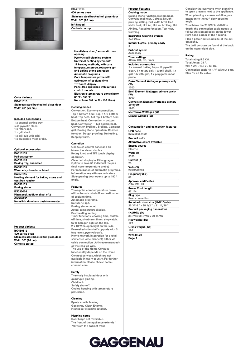 Página 1 del manual Ficha técnica Gaggenau BO481613