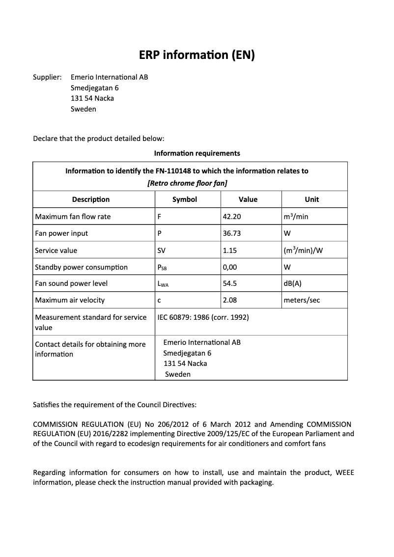 Página 1 del manual Ficha técnica Emerio FN-110148
