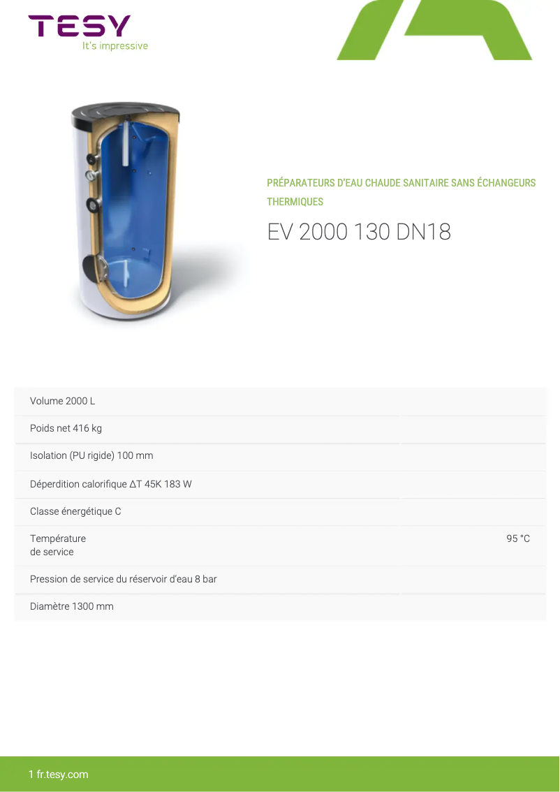 Página 1 del manual Ficha técnica Tesy EV 2000 130 DN18