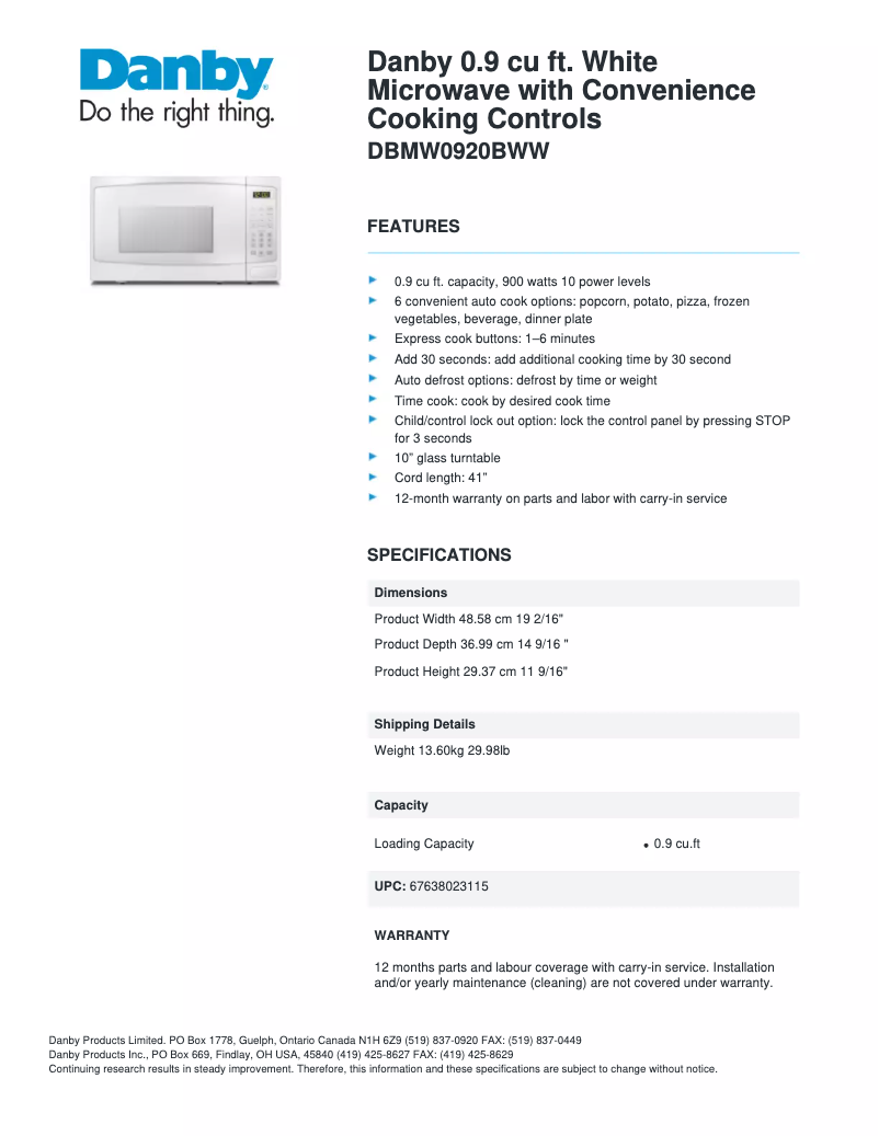 Imagen de la primera página del manual del dispositivo DBMW0920BWW