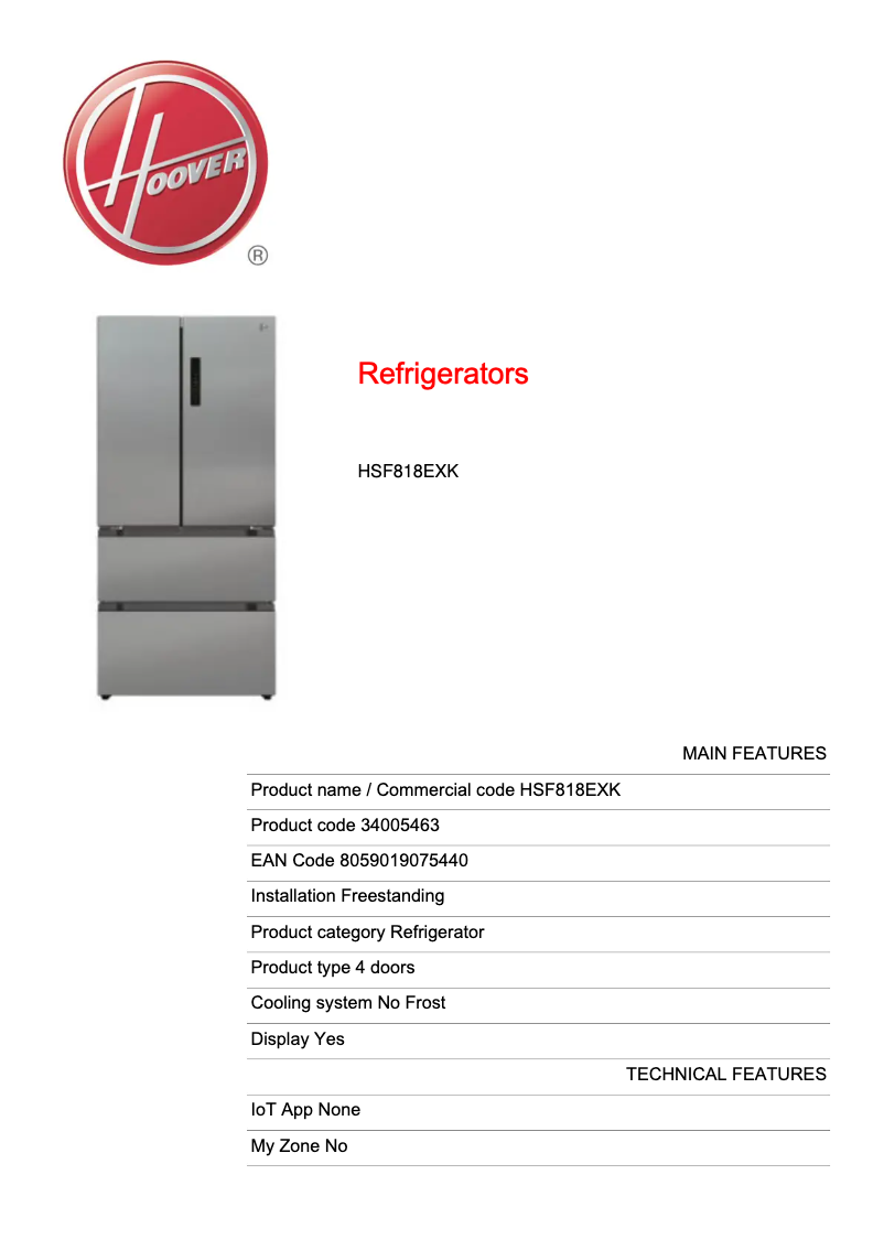 Página 1 del manual Ficha técnica Hoover HSF818EXK