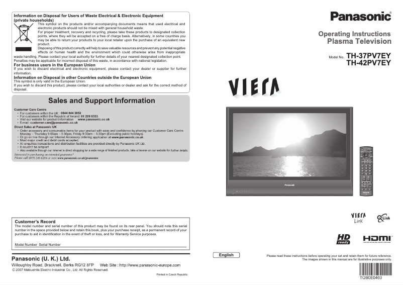 Imagen de la primera página del manual del dispositivo Viera TH-37PV7EY