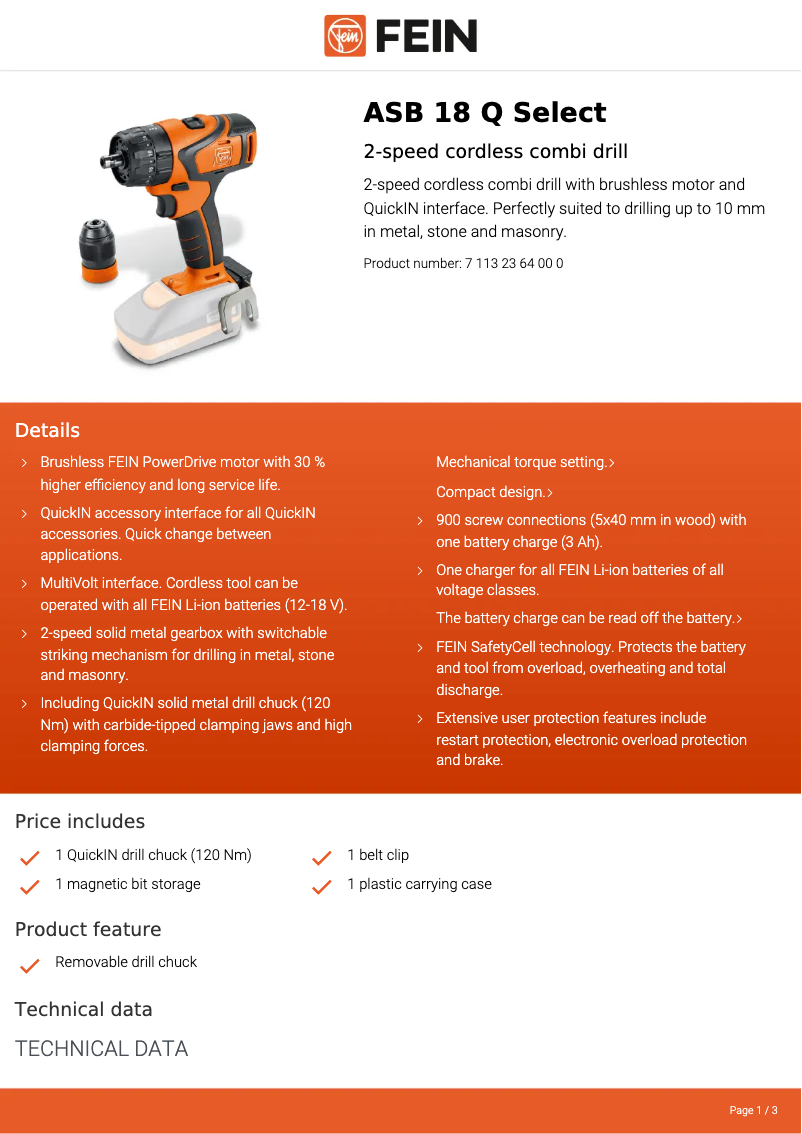 Página 1 del manual Ficha técnica Fein ASB 18 Q Select
