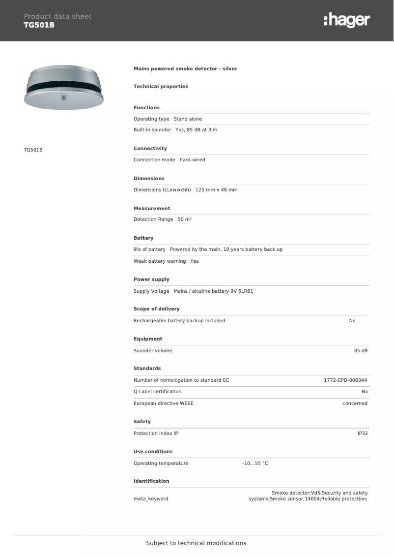 Página 1 del manual Ficha técnica Hager TG501B