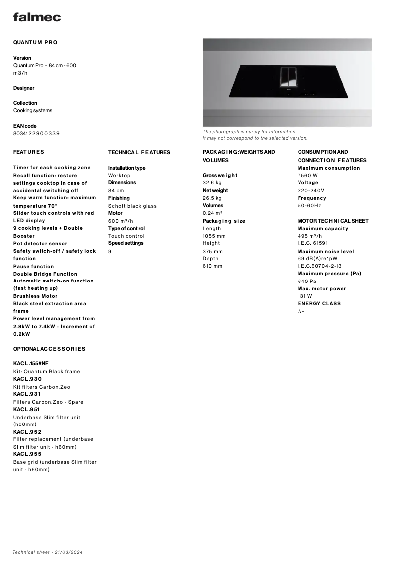 Página 1 del manual Ficha técnica Falmec Quantum Pro