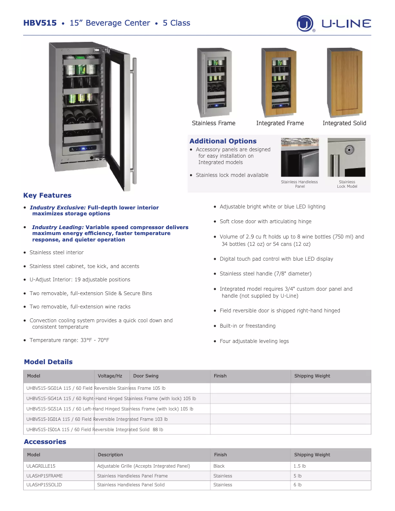 Página 1 del manual Ficha técnica U-Line UHBV515-SG51A