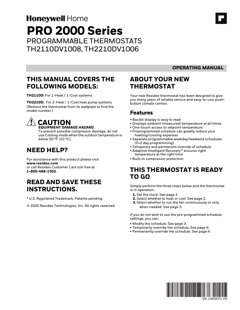 Página nº 1 - Manual de usuario Honeywell TH2210DV1006/U