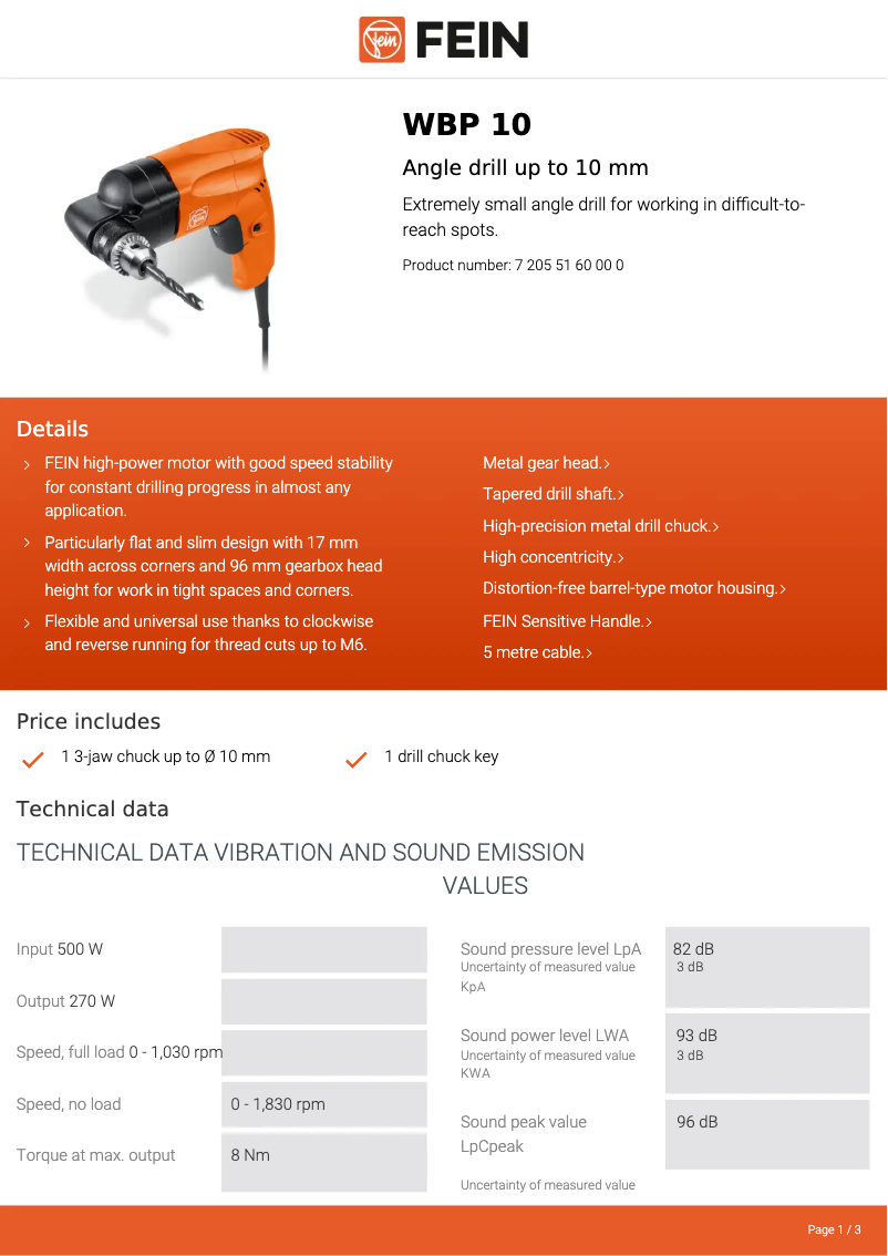 Página 1 del manual Ficha técnica Fein WBP 10