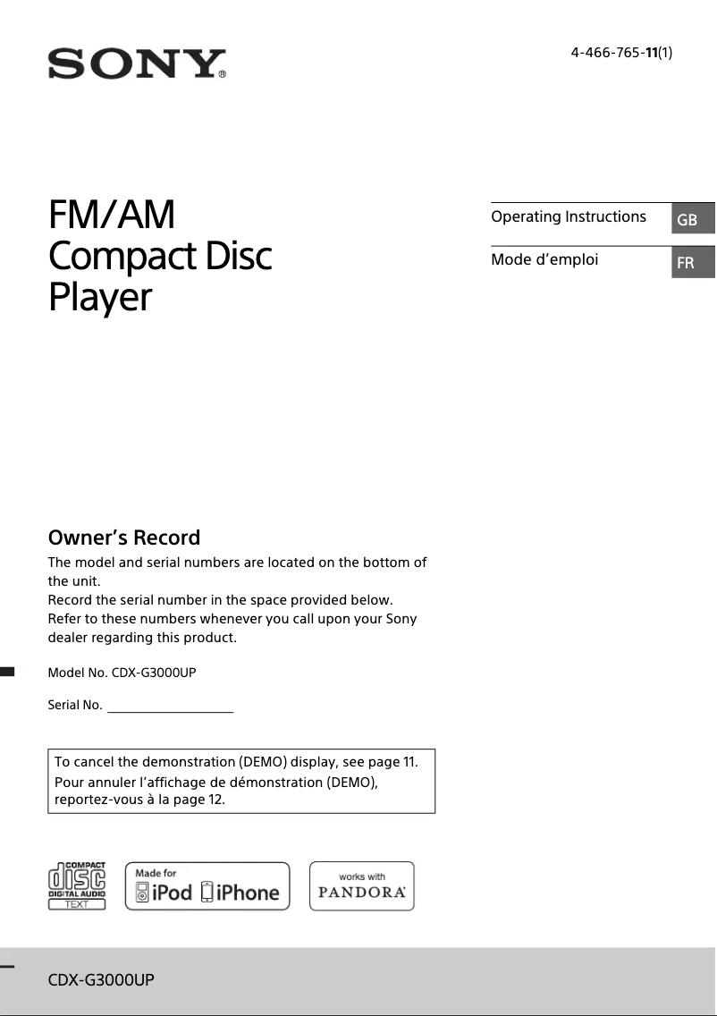 Imagen de la primera página del manual del dispositivo CDX-G3000UP