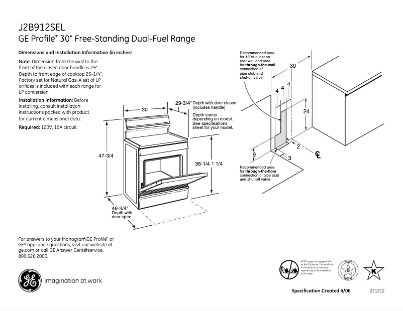 Página 1 del manual Ficha técnica GE J2B912SELSS