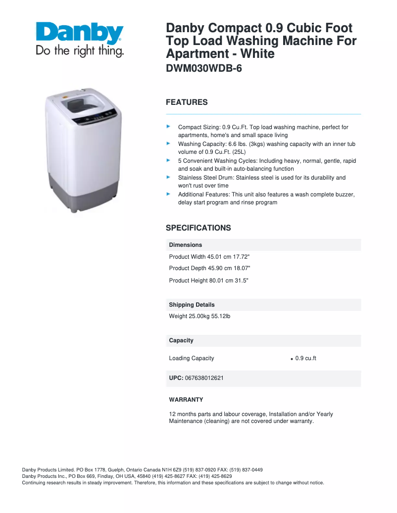 Página 1 del manual Ficha técnica Danby DWM030WDB-6