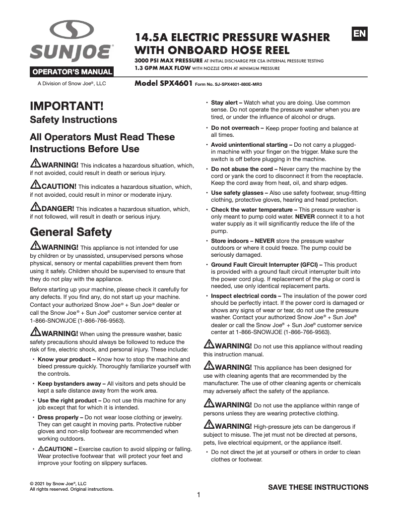 Página nº 1 - Manual de usuario Sun Joe SPX4601