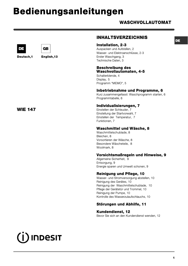 Página 1 del manual Manual de usuario Indesit WIE 147 (DE) (TE)