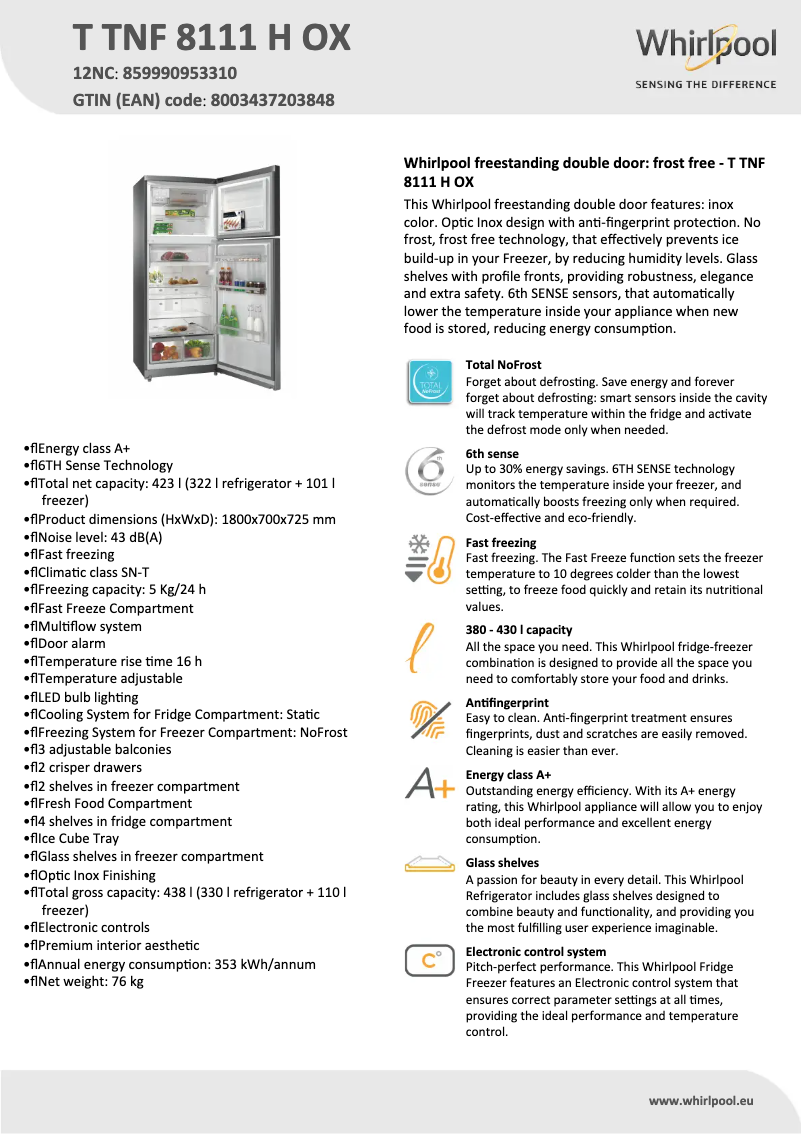 Página 1 del manual Ficha técnica Whirlpool T TNF 8111 H OX
