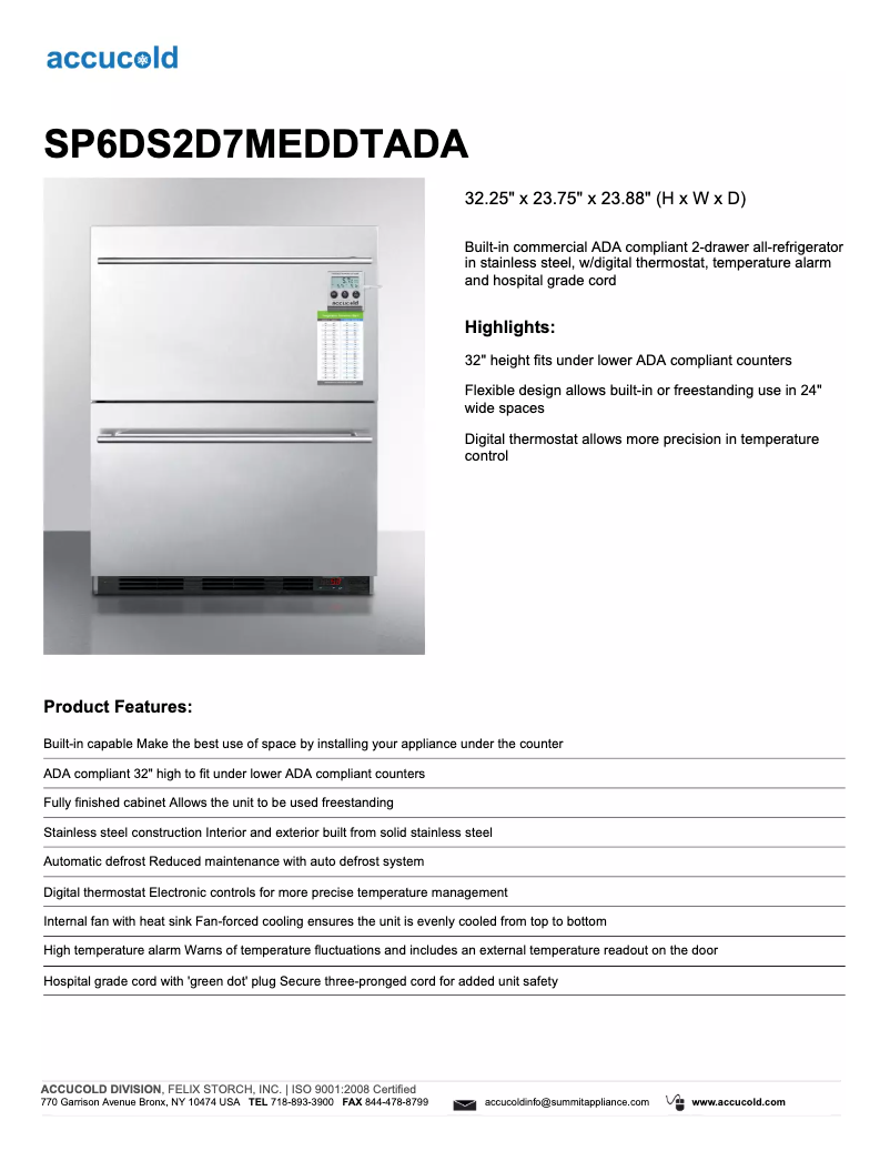Página 1 del manual Ficha técnica Summit Accucold SP6DS2D7MEDDTADA