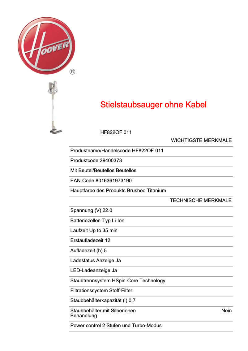 Página 1 del manual Ficha técnica Hoover H-Free 800